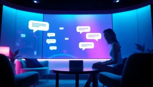 Engaging sexy AI chat interface with playful avatars in a futuristic setting.