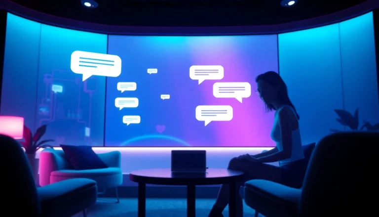 Engaging sexy AI chat interface with playful avatars in a futuristic setting.