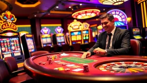 Experience thrilling gaming action at LuckyWin's vibrant casino tables, featuring poker and roulette games.