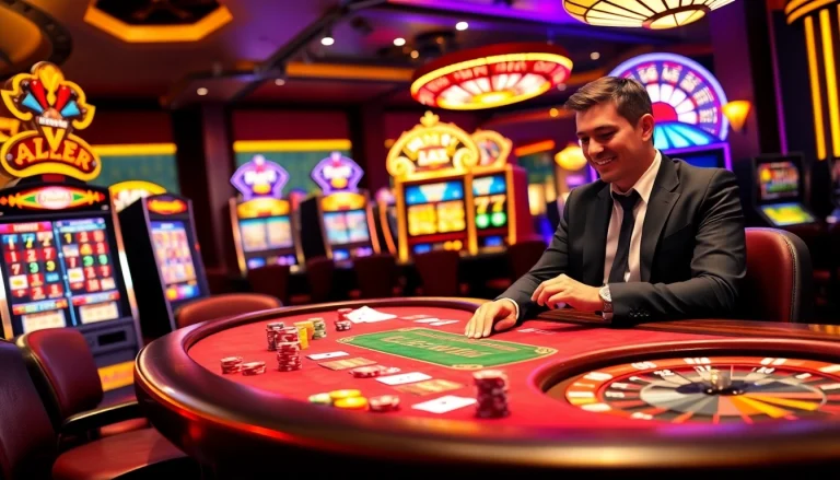 Experience thrilling gaming action at LuckyWin's vibrant casino tables, featuring poker and roulette games.