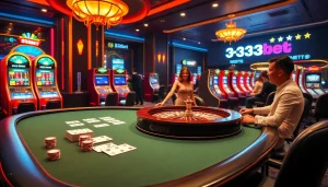 Experience the excitement of 333bet with players enjoying casino games, poker, and slots in a luxurious setting.