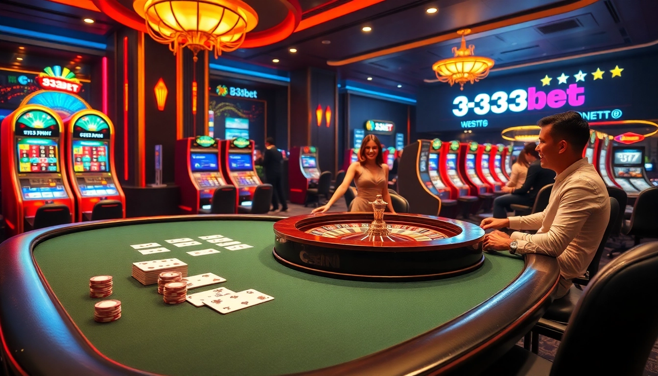 Experience the excitement of 333bet with players enjoying casino games, poker, and slots in a luxurious setting.