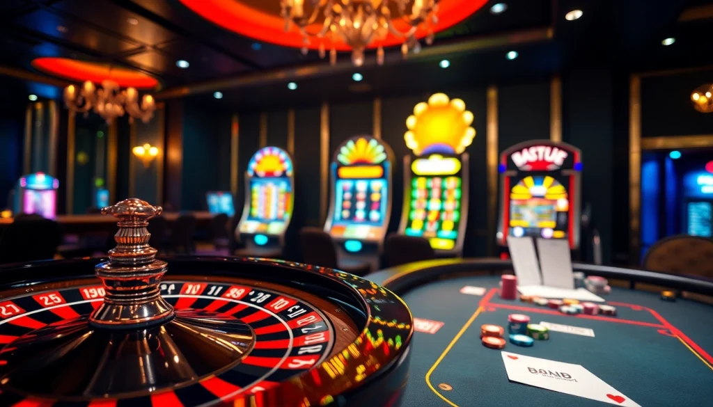 Experience high-stakes gaming at 888b km with a vibrant casino setting showcasing roulette and poker.