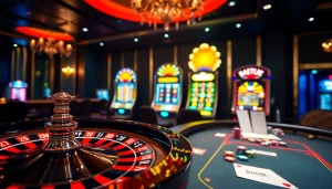 Experience high-stakes gaming at 888b km with a vibrant casino setting showcasing roulette and poker.