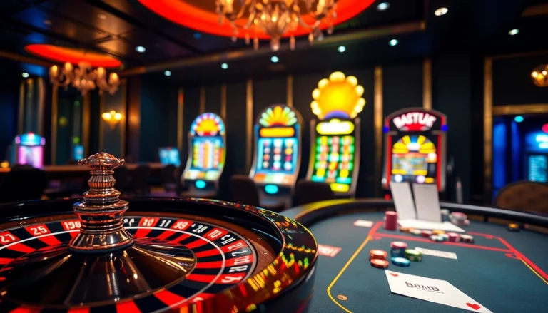 Experience high-stakes gaming at 888b km with a vibrant casino setting showcasing roulette and poker.