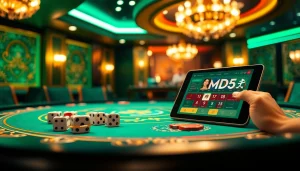Tài xỉu md5 gaming table scene with dice, chips, and online betting excitement