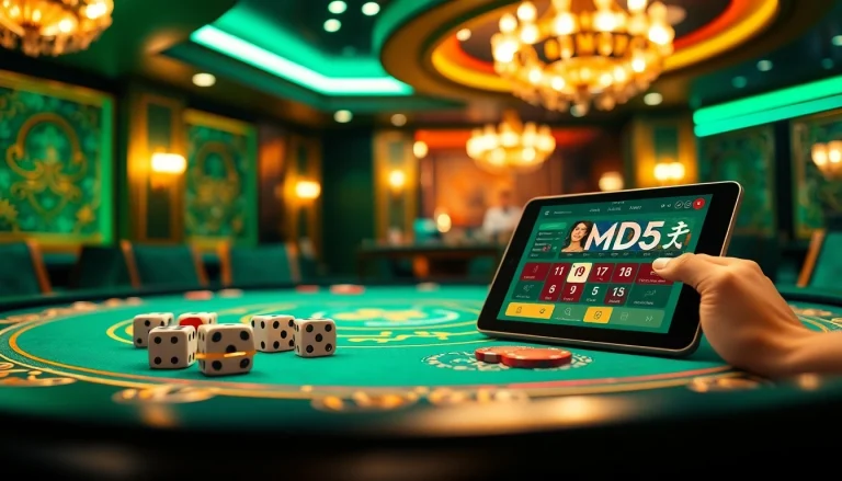 Tài xỉu md5 gaming table scene with dice, chips, and online betting excitement