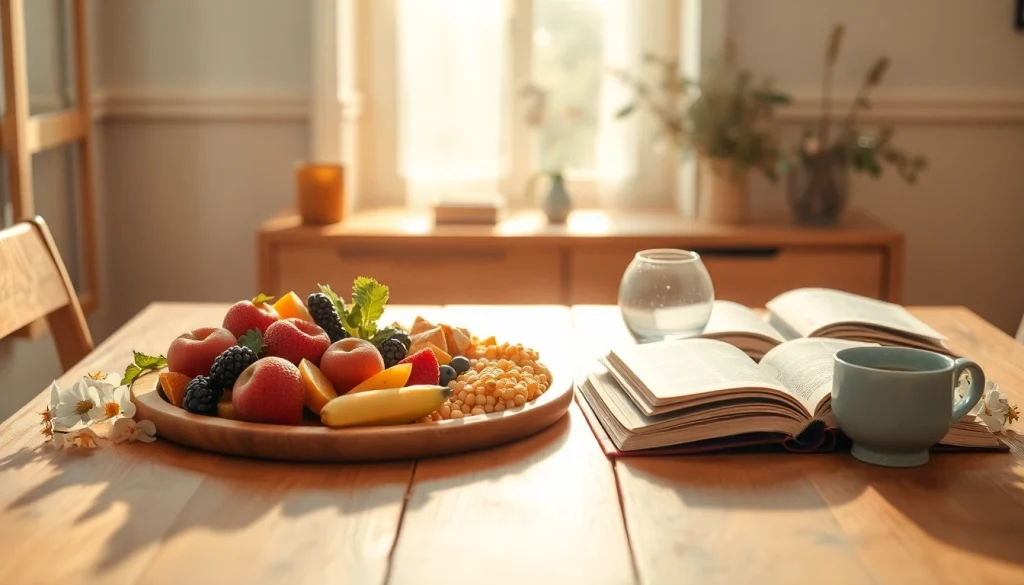Illustration d'un style de vie équilibré avec petit-déjeuner nutritif sur table en bois.