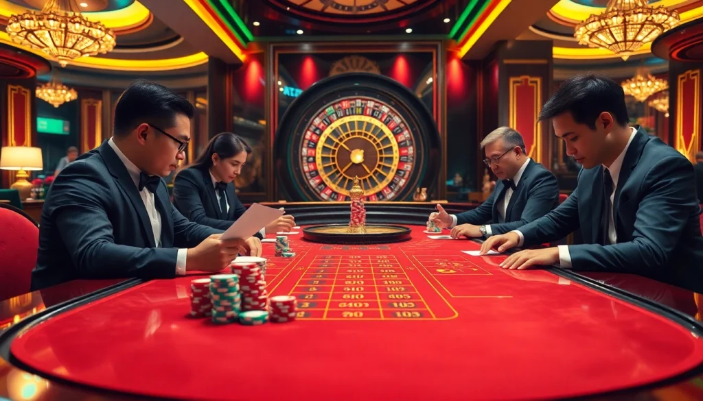 Engaging scene of bạch thủ lô kép players strategizing at a vibrant casino table.