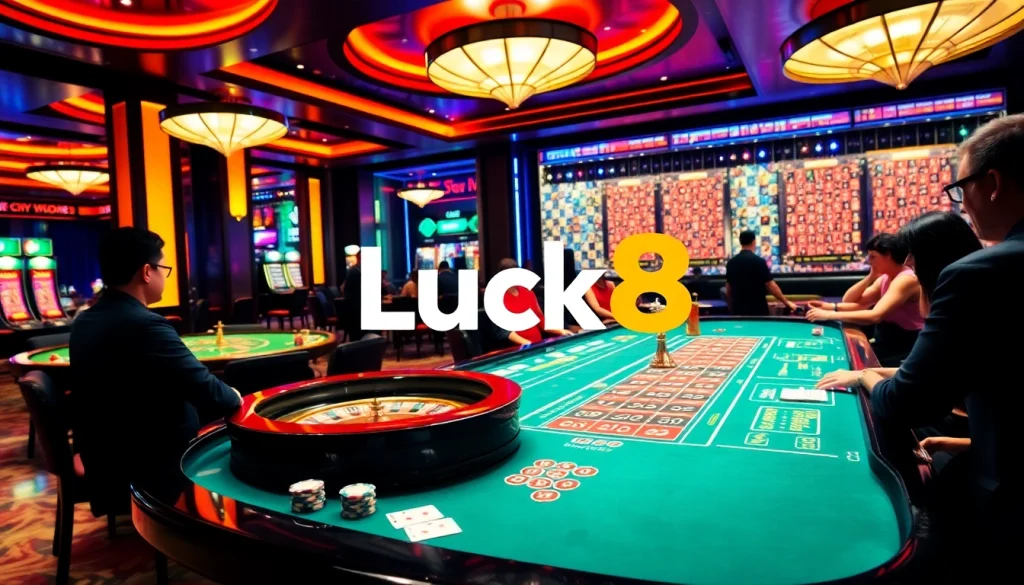 Thrilling gaming experience at Luck8 casino with vibrant tables and colorful chips.