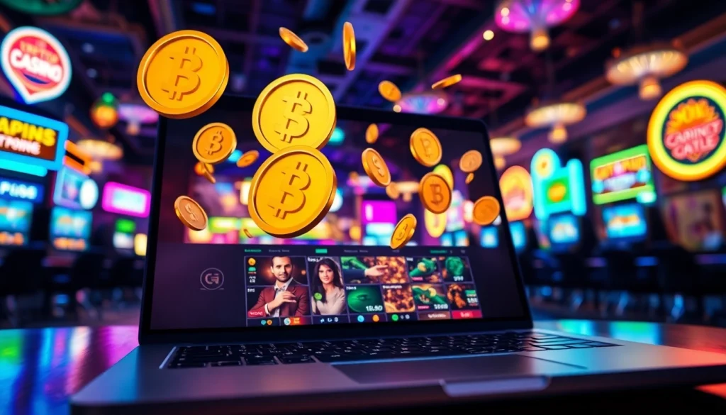 Jouer à des jeux de casino crypto sur un ordinateur portable interactif et coloré.