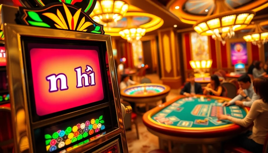 Experience a thrilling moment at the nổ hũ slot machine in a bustling casino environment.