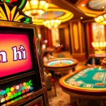 Experience a thrilling moment at the nổ hũ slot machine in a bustling casino environment.