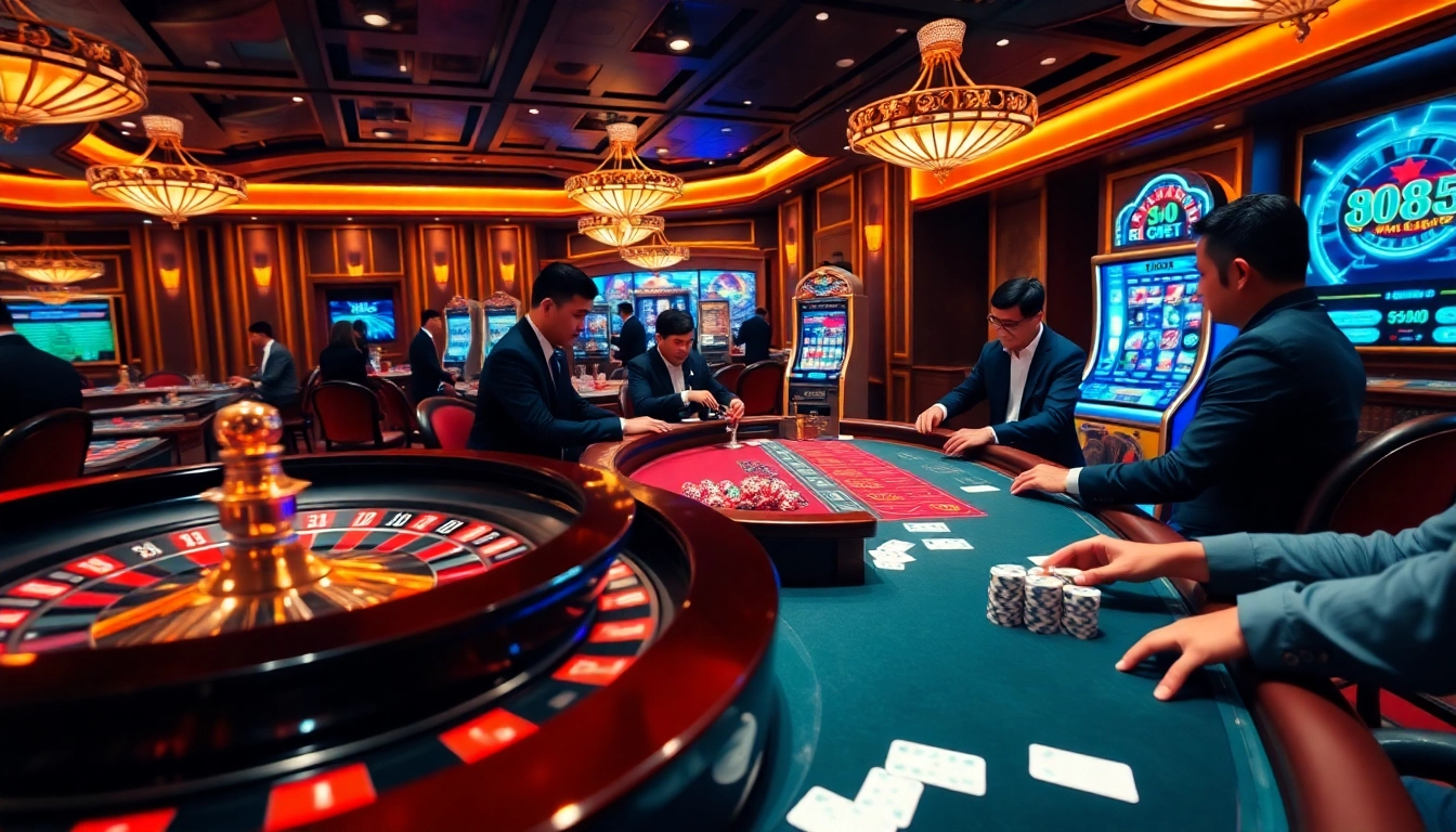 Exciting gambling scene showcasing 8KBET with poker tables and roulette wheels.