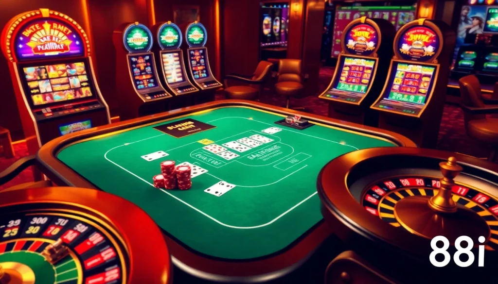 Exciting online gambling scene at 88i featuring poker chips and vibrant slot machines.