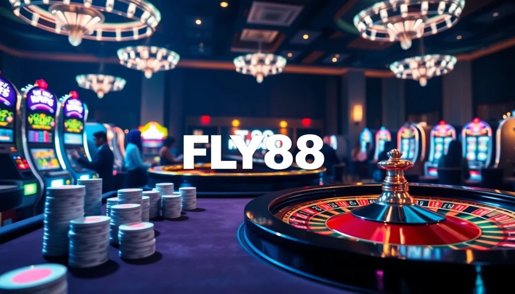 FLY88 casino scene with vibrant slot machines, poker chips, and a luxurious roulette table.