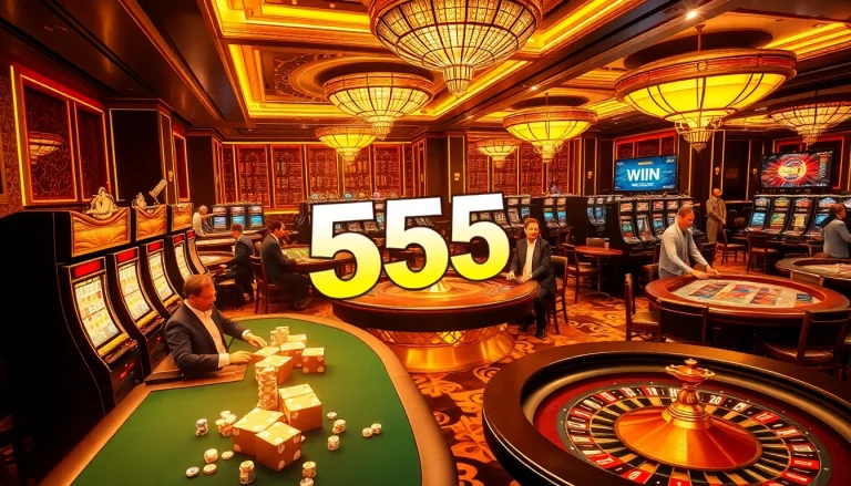 Experience the thrill of 555 win at a luxurious casino with vibrant gaming tables and slot machines.