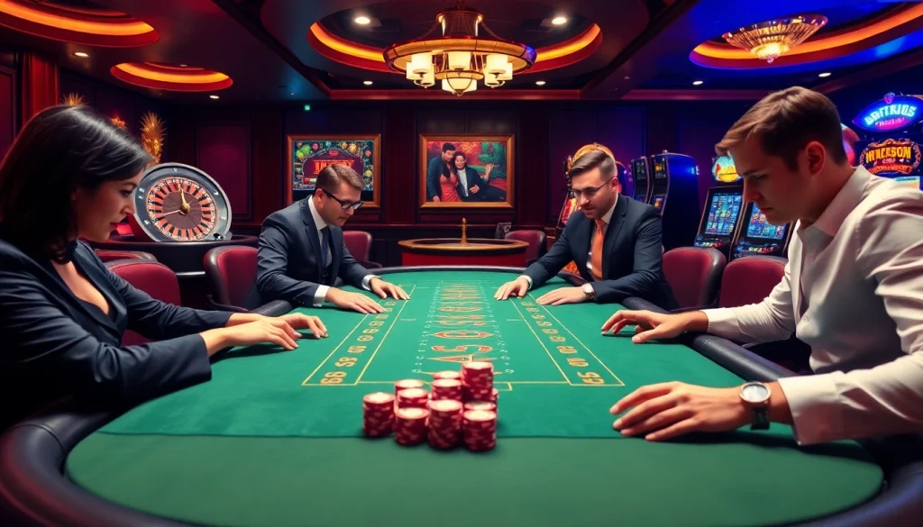 Experience high-stakes poker at https://32wincasino.com/ with elegant players at a professional table in a luxurious casino.