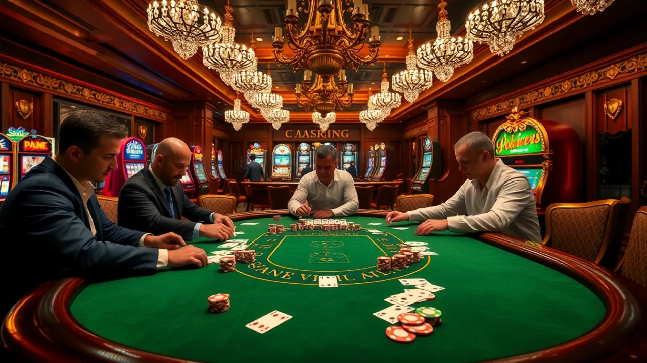 S 8 players strategizing at a luxurious blackjack table in a vibrant casino atmosphere