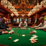 S 8 players strategizing at a luxurious blackjack table in a vibrant casino atmosphere