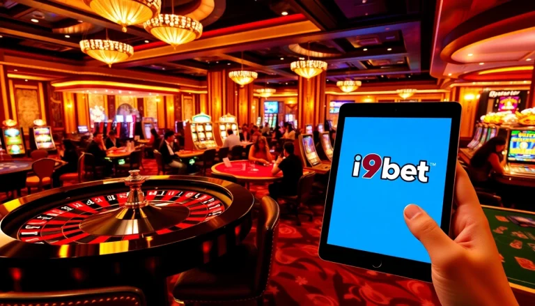 Players enjoying thrilling games at an i9bet casino, with vibrant tables and high-quality visuals.
