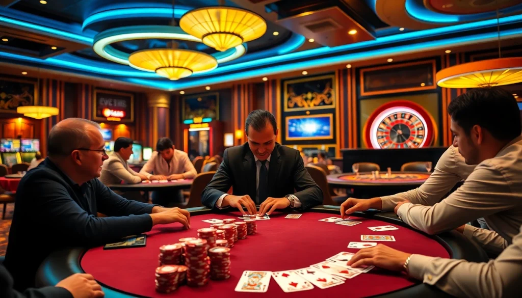 Engaging poker game at ev88 casino with colorful chips and cards.