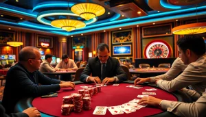 Engaging poker game at ev88 casino with colorful chips and cards.