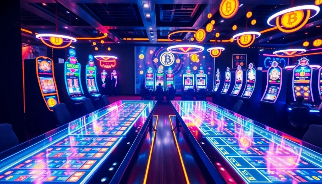 Jouez à des jeux dans un crypto casino avec des lumières vibrantes et des machines à sous modernes.