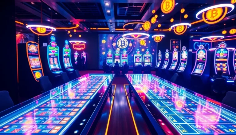 Jouez à des jeux dans un crypto casino avec des lumières vibrantes et des machines à sous modernes.