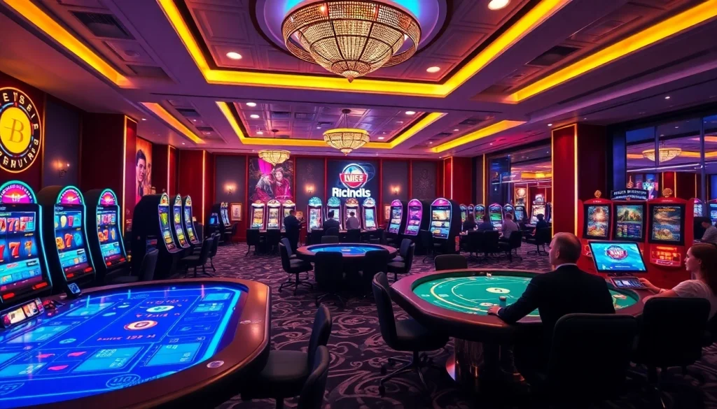 Scène numérique captivante d’un casino crypto en ligne avec des jeux variés et des joueurs engagés.