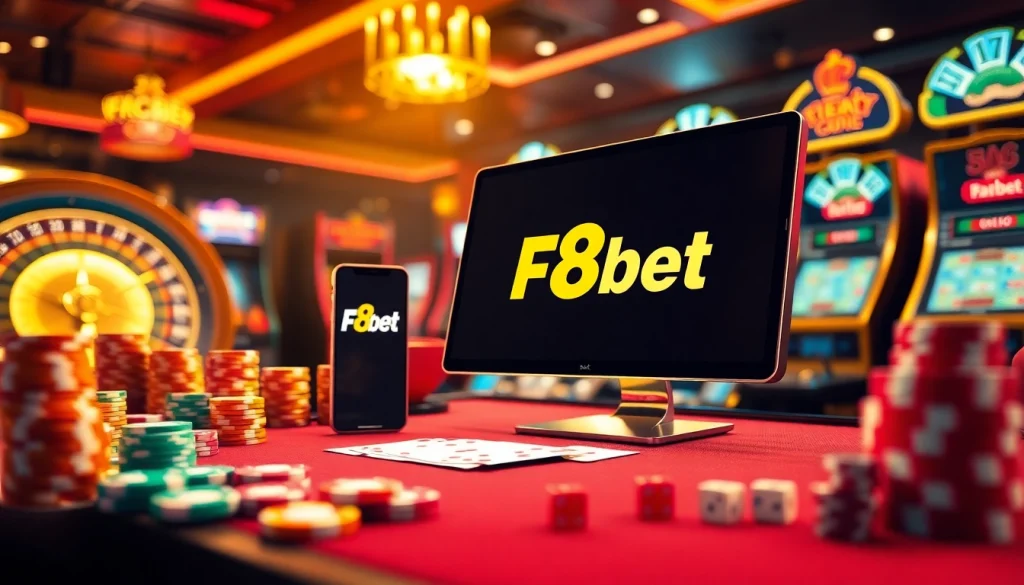 Experience the thrill of F8bet with vibrant casino elements like poker chips, roulette wheels, and slot machines.