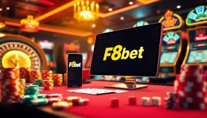 Experience the thrill of F8bet with vibrant casino elements like poker chips, roulette wheels, and slot machines.