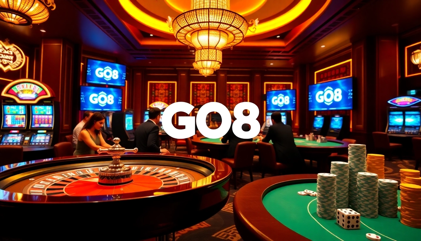 Exciting scene of gamblers engaging in Đăng Nhập GO8 at a luxurious casino table.