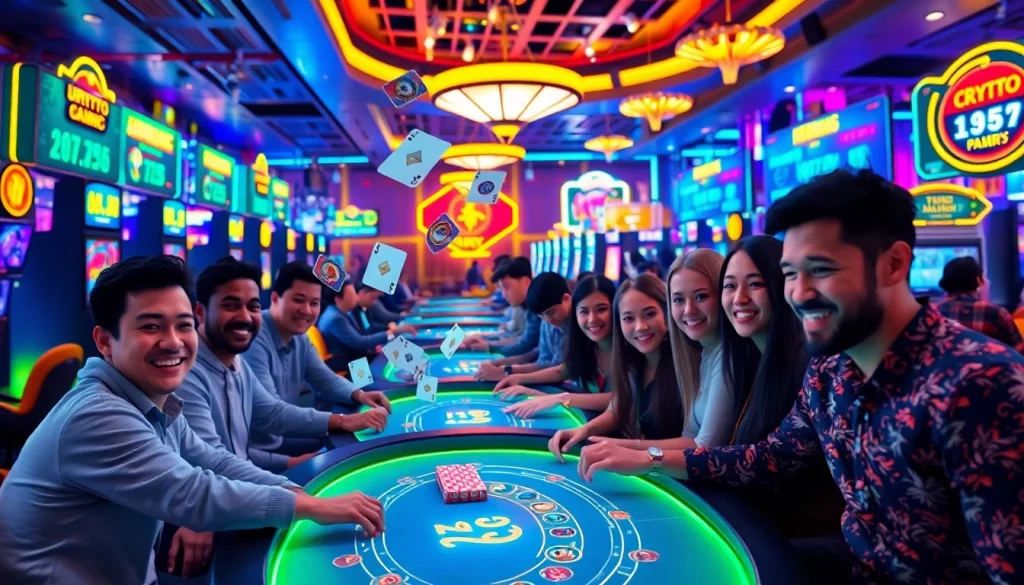 Joueurs enthousiastes dans un crypto casino avec une expérience immersive en pleine action.