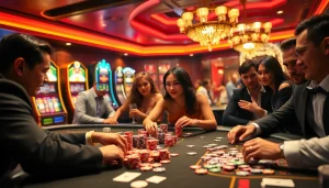 B52club players enjoying a thrilling casino experience with table games, poker chips, and vibrant slot machines.