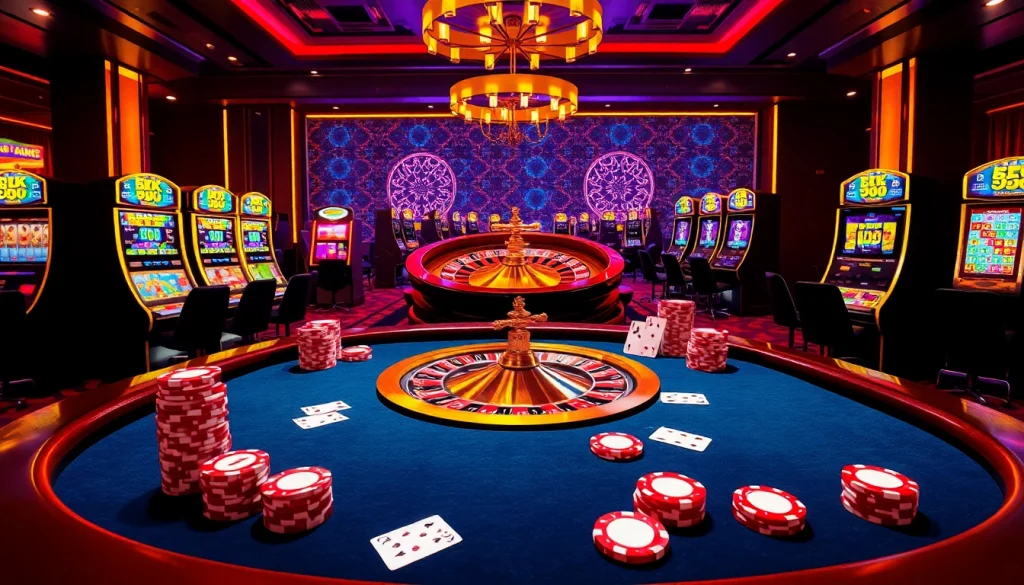 Experience the excitement of Nhà cái BL555 with a vibrant casino scene featuring poker tables and roulette wheels.