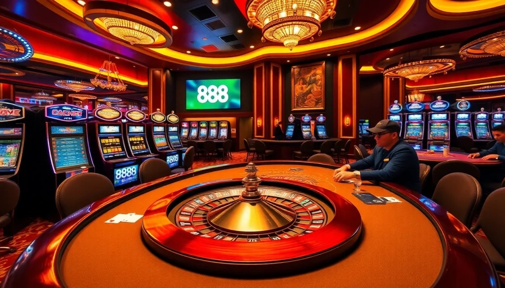 Play thrilling casino games at u 888 with poker chips and a vibrant roulette wheel background.