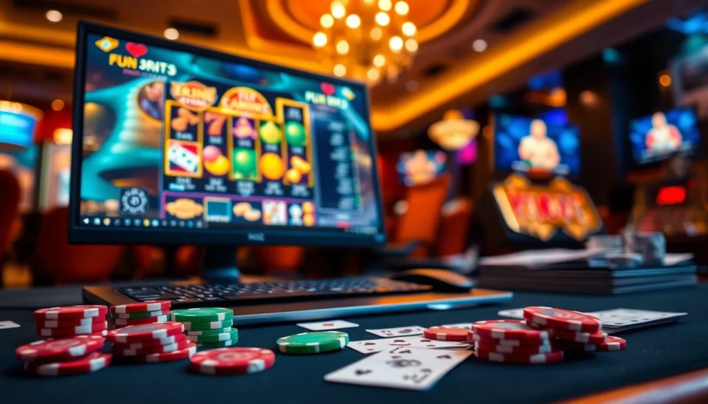 Plongez dans un casino en ligne vibrant avec jeux et accessoires sur une table animée.