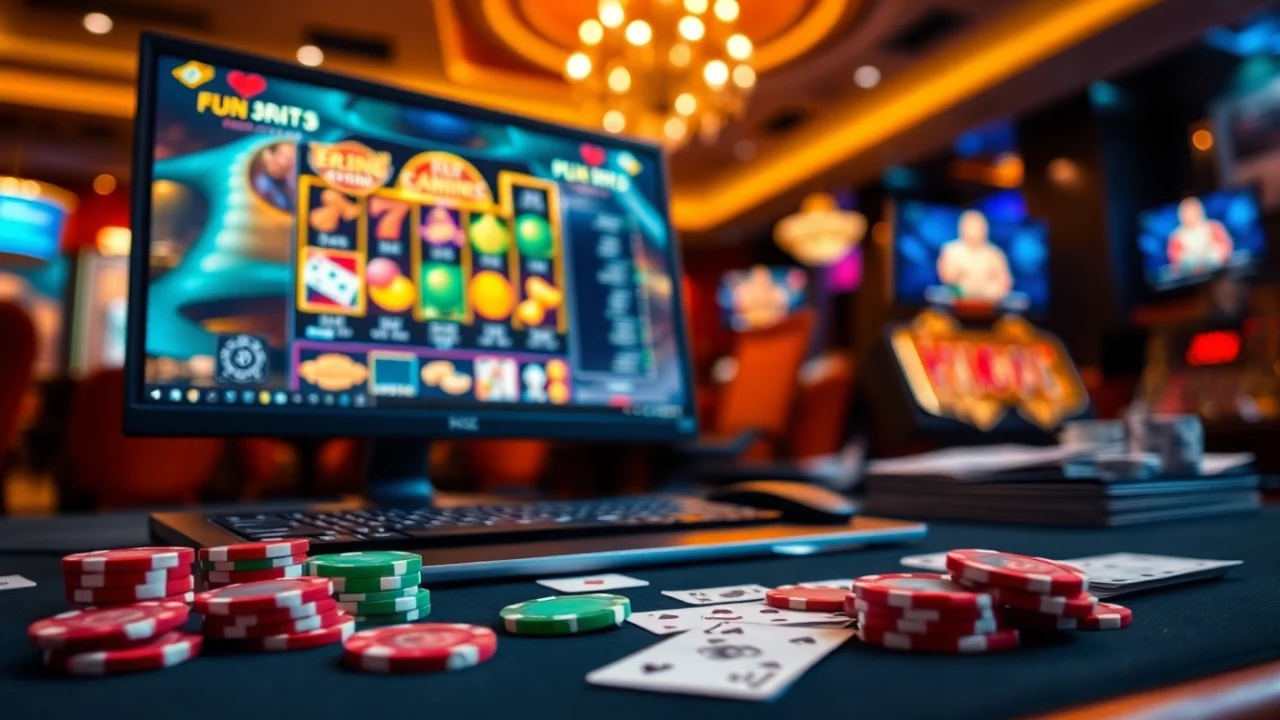 Plongez dans un casino en ligne vibrant avec jeux et accessoires sur une table animée.