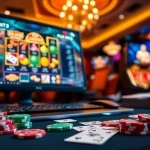 Plongez dans un casino en ligne vibrant avec jeux et accessoires sur une table animée.