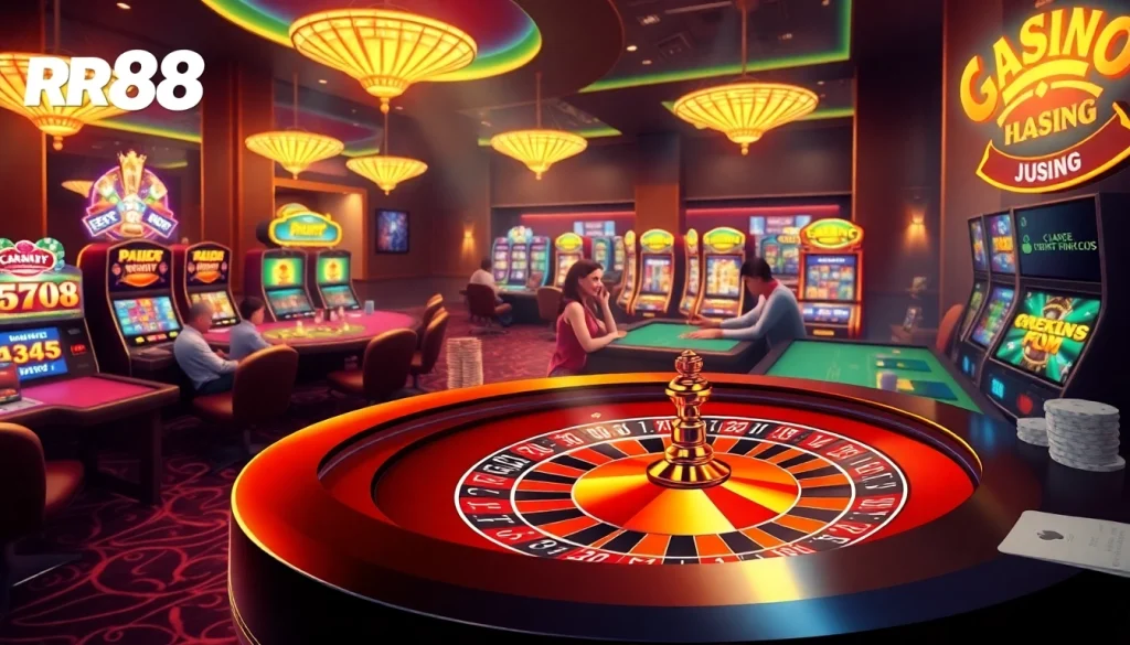 Experience RR88 online gaming excitement with roulette, poker, and vibrant slot machines.