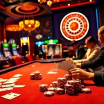 Casino scene captivating gamblers at s8ok.com with poker and lively slot machines.