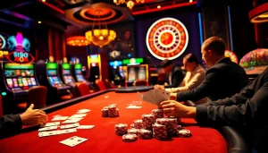 Casino scene captivating gamblers at s8ok.com with poker and lively slot machines.