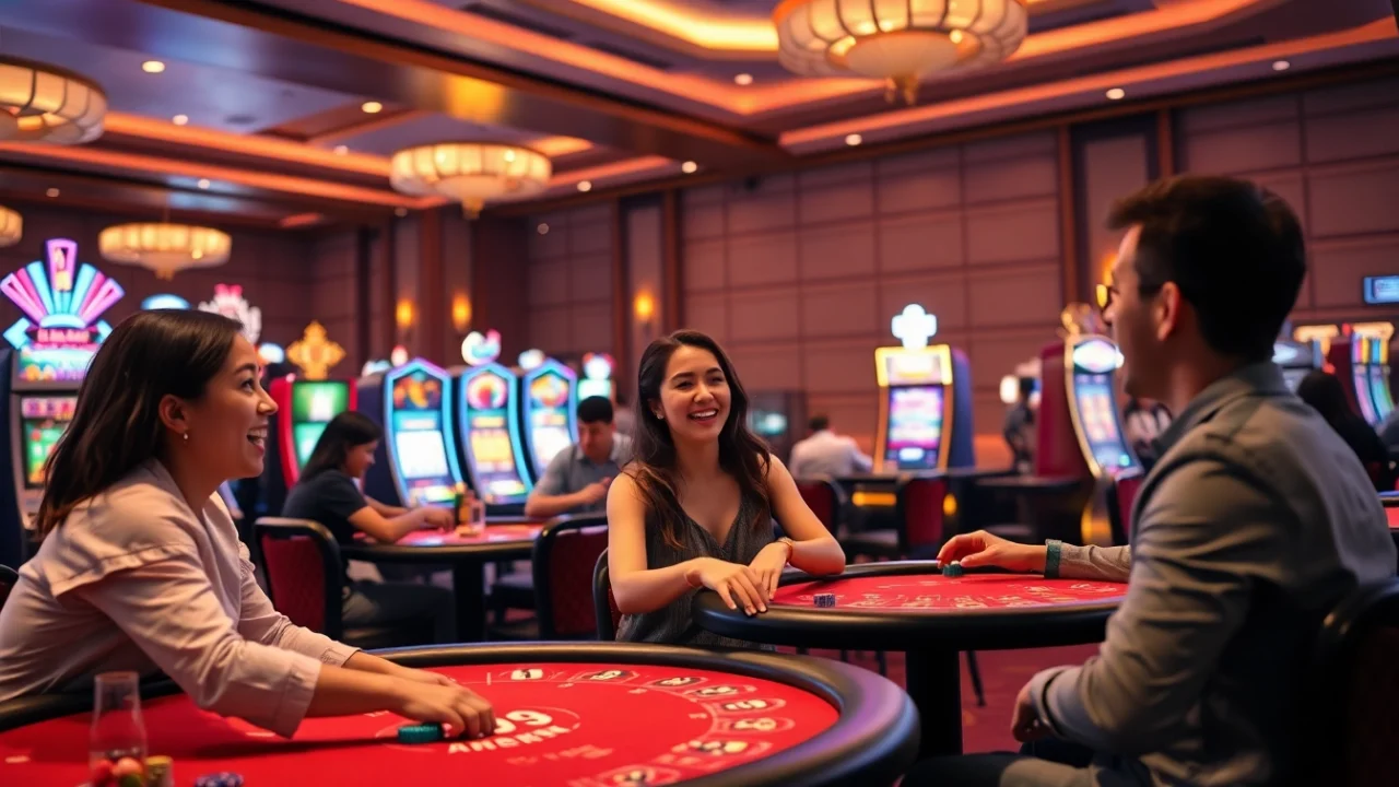 Jouez à des jeux passionnants sur un casino en ligne animé avec des clients joyeux.