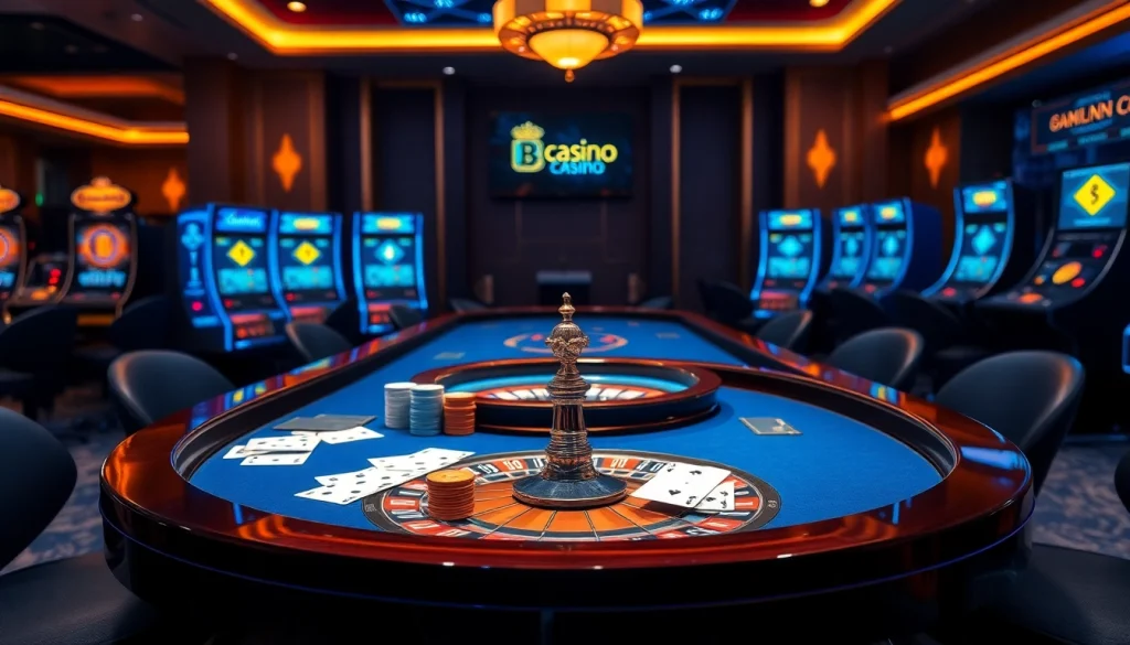 Engage with the thrilling environment of a casino crypto liste featuring vibrant tables and exciting gaming elements.