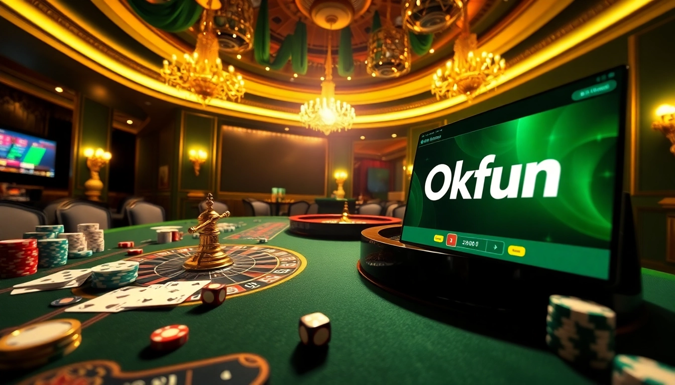 Engaging poker table scene showcasing Okfun's thrilling gambling experience with cards and chips.