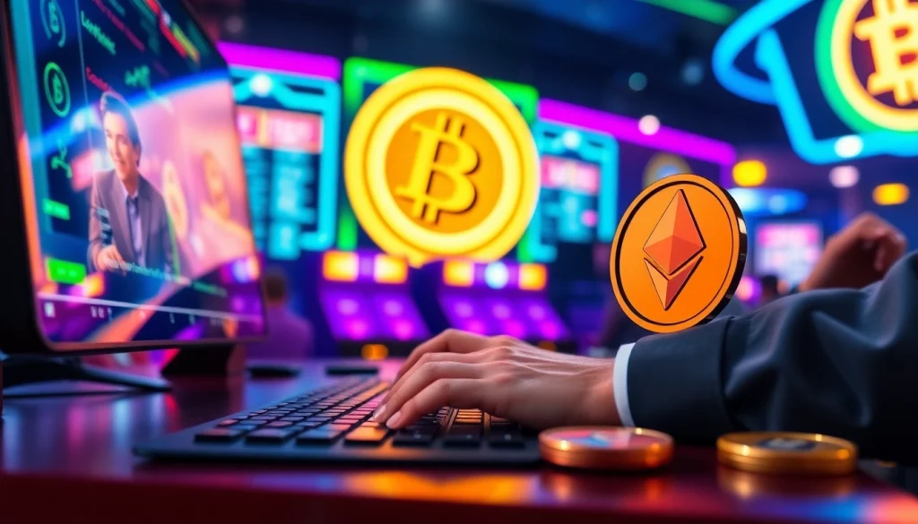 Découvrez le meilleur casino crypto avec une interface utilisateur captivante et des symboles de crypto-monnaie.