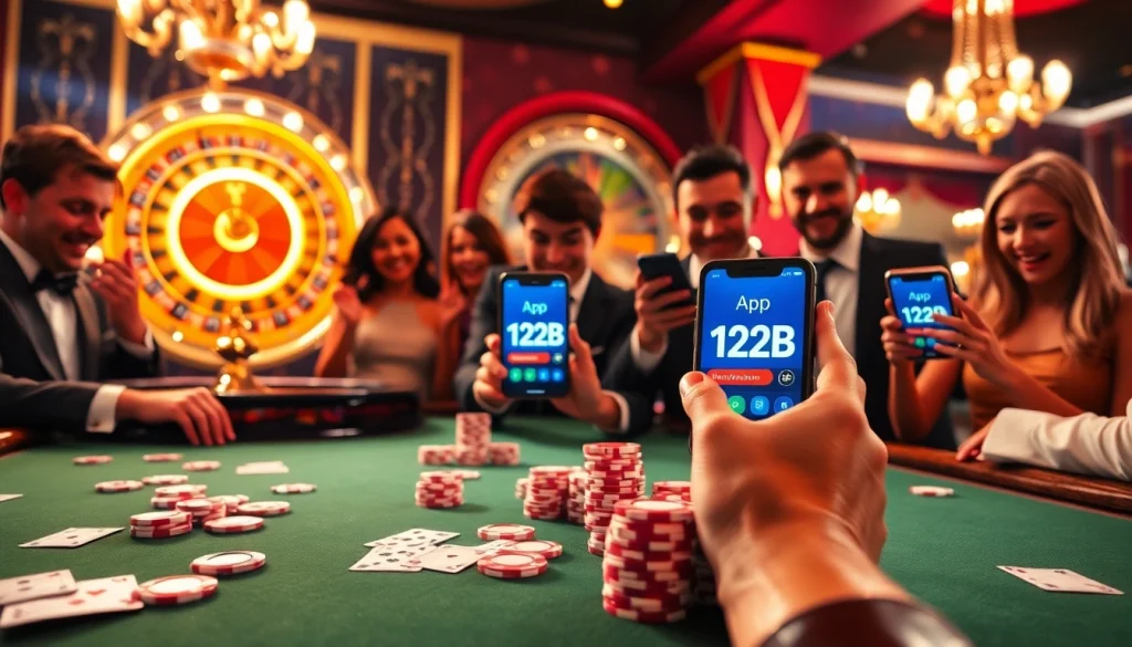 Gambling excitement with players engaging through App 123B in a luxurious casino setting.